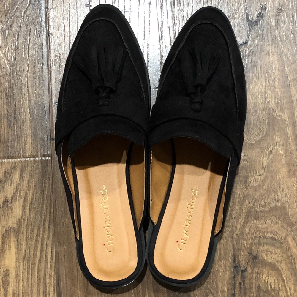 Black Suede Slip On Mules with Tassels